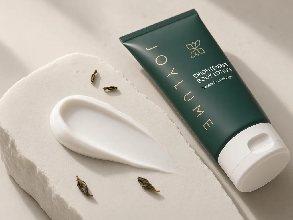 Swatch tekstur lotion putih yang ringan di atas batu, dengan tube JOYLUME di belakangnya